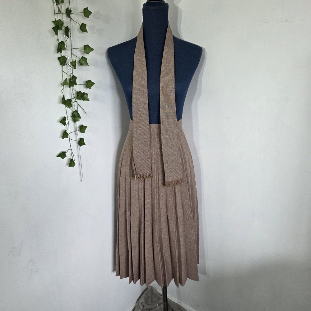 Vintage Taupe Tweed Midi Pleated Skirt with Tie Belt